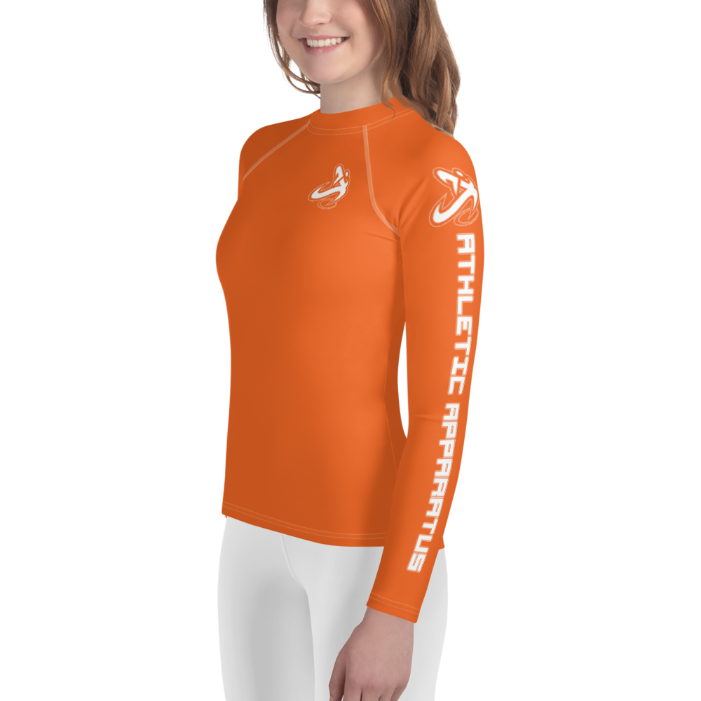 
                      
                        Athletic Apparatus Orange White logo White stitch Youth Rash Guard
                      
                    