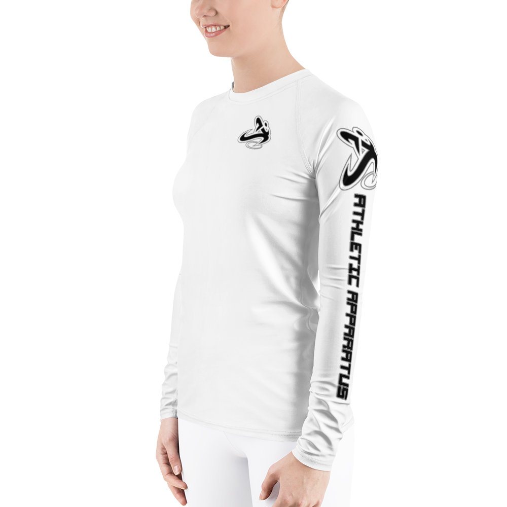 
                      
                        Athletic Apparatus White Black logo White stitch Women's Rash Guard - Athletic Apparatus
                      
                    