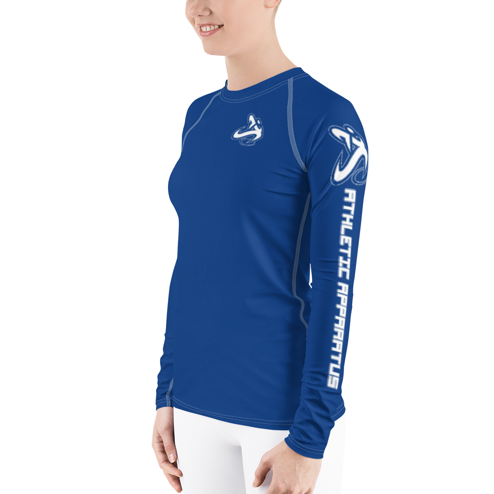 
                      
                        Athletic Apparatus Blue 2 White logo White stitch Women's Rash Guard - Athletic Apparatus
                      
                    